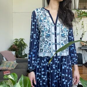 Anthropologie blue embroidery dress, babydoll midi